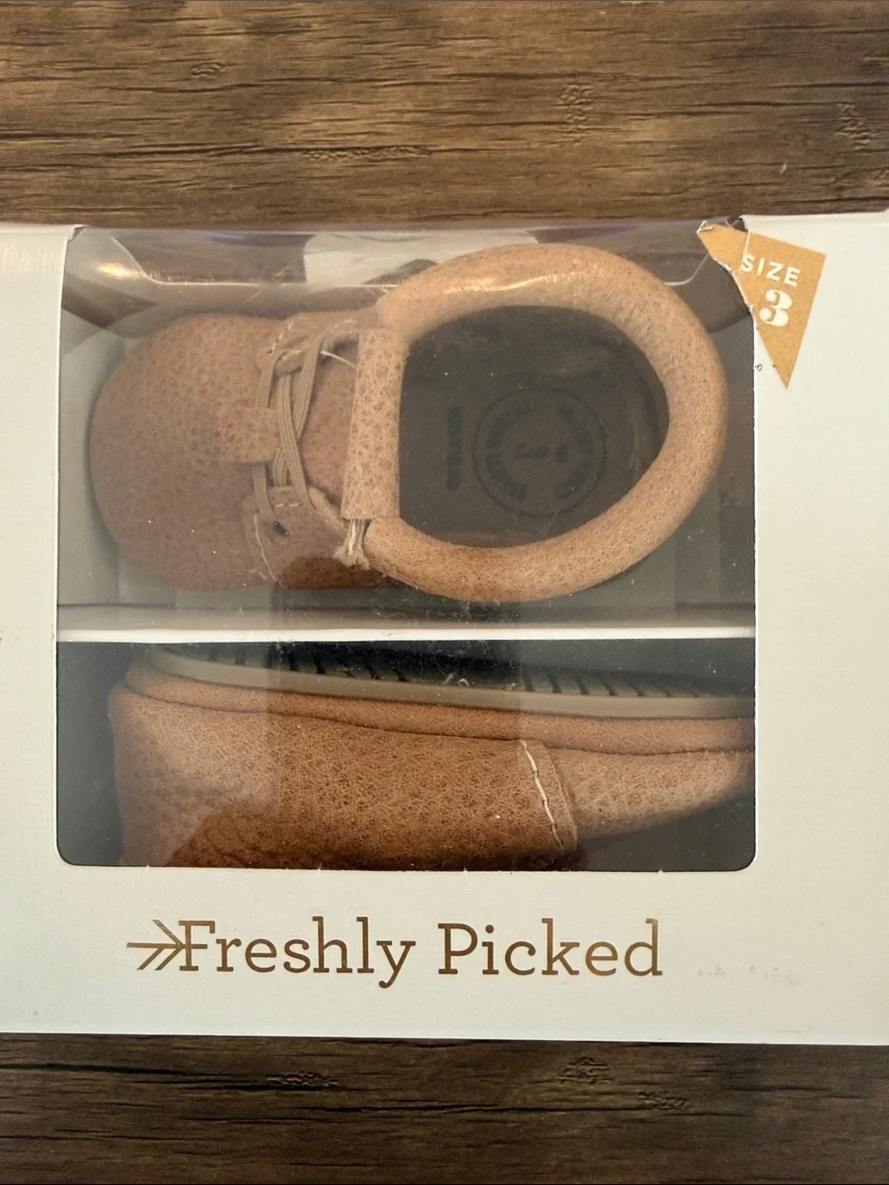 Freshly Picked Tan Leather Baby Moccasins in Box